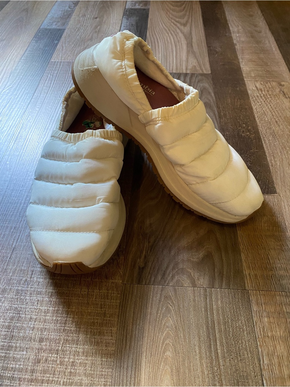 Columbia Quilted Slip-On Slippers in Cream and Tan